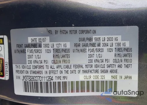 2007 Mazda Cx-9 Grand Touring z USA, uszkodzony, nr VIN JM3TB28C070111294